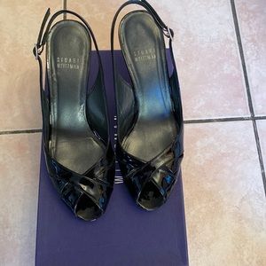 Stuart Weitznan black patent peep toe sling 7.5